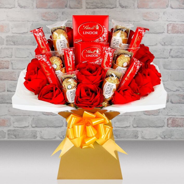 Ferrero Rocher, Lindt Lindor & Silk Roses Chocolate Bouquet Hamper