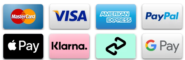 Mastercard, Visa, American Express, Amex, Paypal Pay Later, Apple Pay, Klarna, Clearpay, Google Pay - Payment Methods